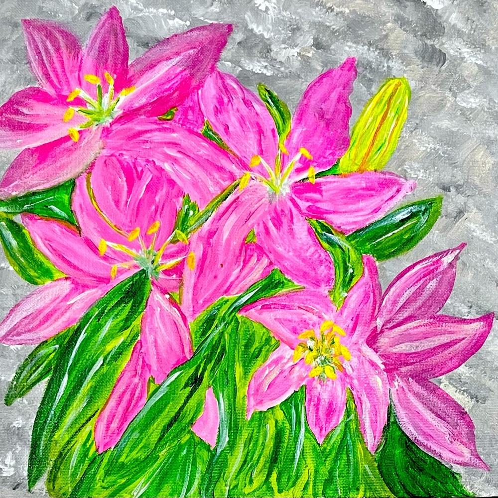“Pink Lillies” is an original signed acrylic painting on canvas board. 12x12”